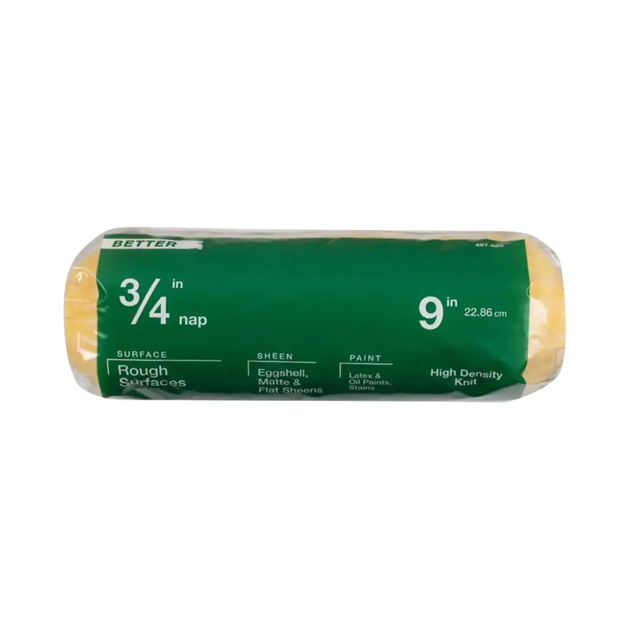 The Go Build 9 in. x 3/4 in. High-Density Polyester Knit Paint Roller Cover is ideal for rough surfaces and flat, matte, or eggshell sheens with latex or oil-based paints; features a yellow roller and green label.